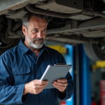 Mecanicien francais examine la voiture en atelier