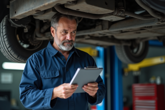 Mecanicien francais examine la voiture en atelier