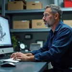 Mécanicien auto en coveralls regardant un écran d'ordinateur