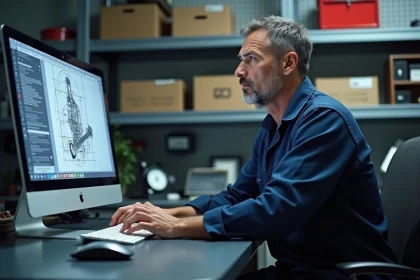 Mécanicien auto en coveralls regardant un écran d'ordinateur