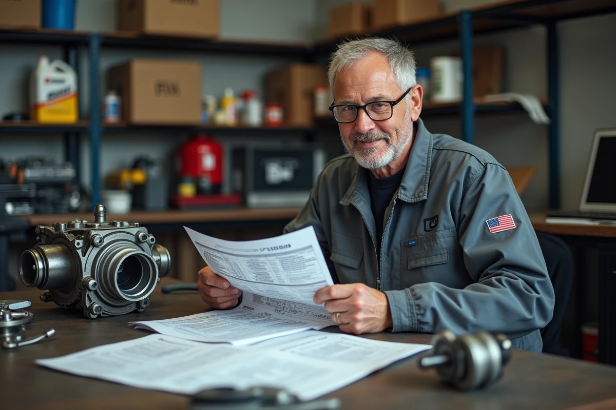 Mécanicien BMW consultant le carnet d'entretien du moteur B47 avec une pièce démontée