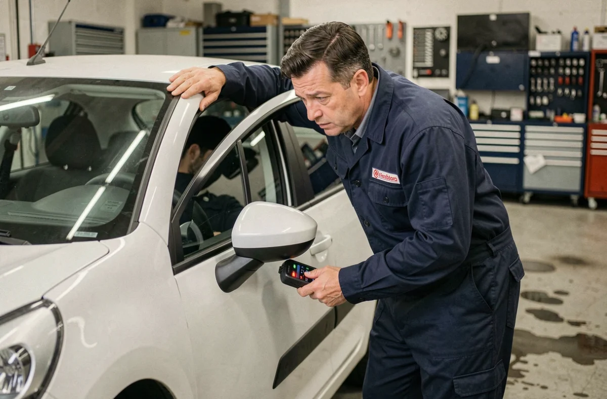 Mécanicien inspectant le voyant airbag allumé sur une Citroën C3 blanche dans un garage automobile