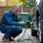Mécanicien en bleu connectant un outil au pot d'échappement diesel
