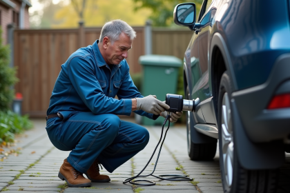 Mécanicien en bleu connectant un outil au pot d'échappement diesel