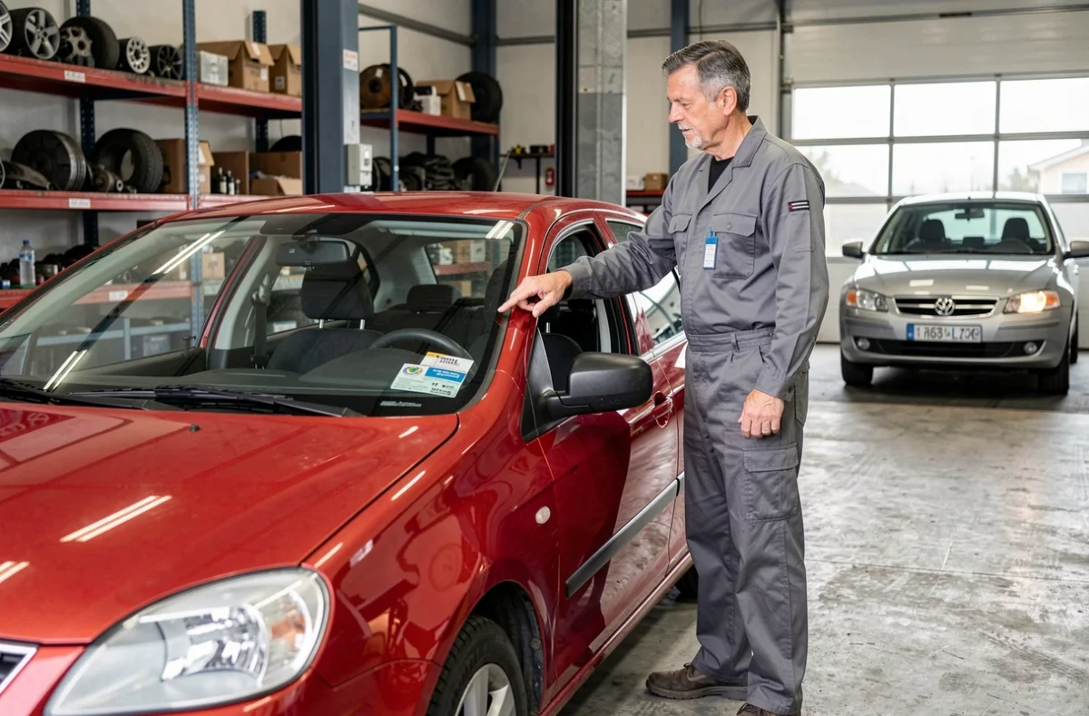 Mécanicien en garage montrant l'emplacement de la vignette d'assurance sur le pare-brise d'une voiture