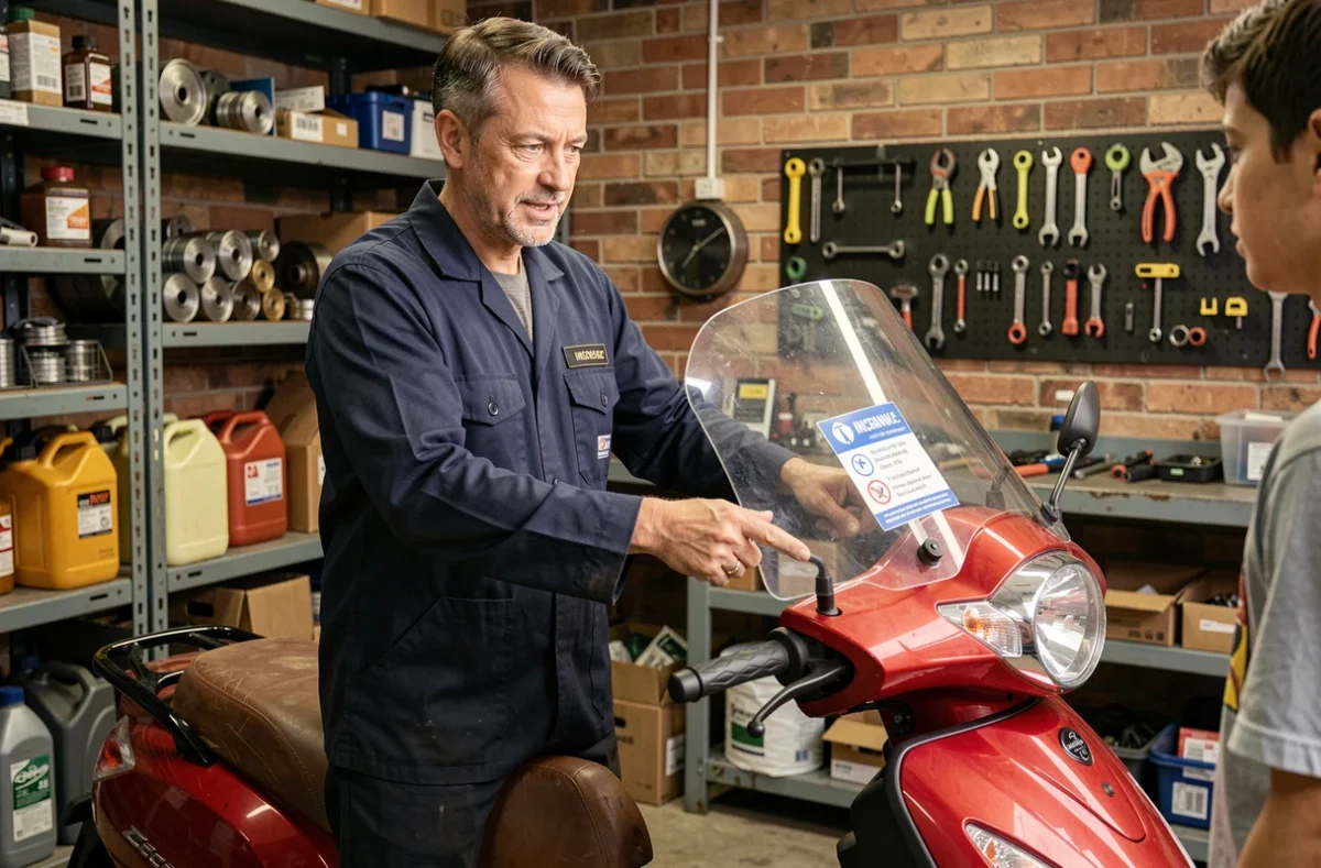 Mécanicien en atelier expliquant l'assurance obligatoire d'un scooter 50cc à un client dans un garage