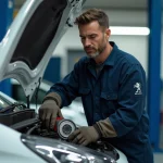Mécanicien versant de l'huile moteur dans une Peugeot 208 essence dans un garage professionnel