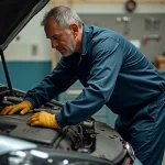Mécanicien inspectant le compartiment moteur d'un TDI 105 dans un atelier automobile indépendant