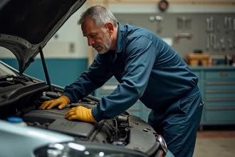Mécanicien inspectant le compartiment moteur d'un TDI 105 dans un atelier automobile indépendant