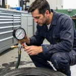 Mécanicien lisant un manomètre en BAR sur un compresseur d'air dans un atelier automobile professionnel