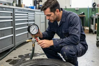 Mécanicien lisant un manomètre en BAR sur un compresseur d'air dans un atelier automobile professionnel