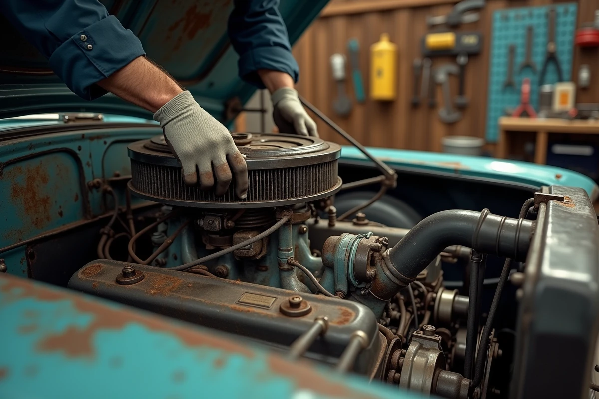 Mécanicien vérifiant le moteur d'une voiture de collection dans un atelier spécialisé en mécanique ancienne