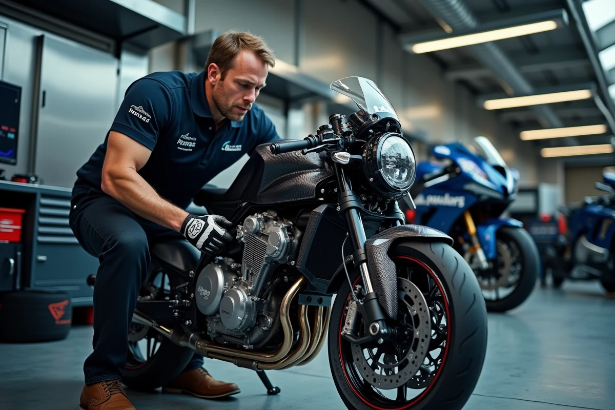 Mécanicien professionnel inspectant le moteur haute performance d'une moto de compétition dans un garage de stand sur circuit