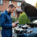 Mécanicien homme examinant le moteur d'une Peugeot en extérieur