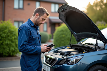 Mécanicien homme examinant le moteur d'une Peugeot en extérieur