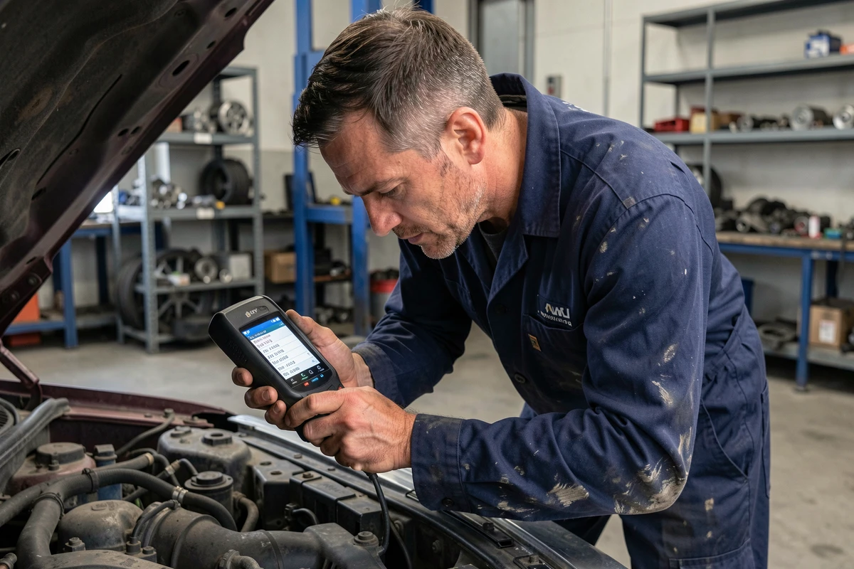 Mécanicien utilisant un scanner OBD pour lire les codes d'erreur d'une voiture en atelier