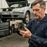 Mécanicien tenant un triangle de suspension Golf 4 en caoutchouc dans un atelier automobile indépendant