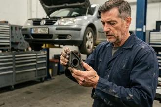Mécanicien tenant un triangle de suspension Golf 4 en caoutchouc dans un atelier automobile indépendant