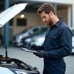Mécanicien auto inspectant un moteur avec tablette