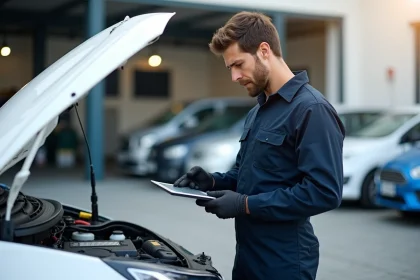 Mécanicien auto inspectant un moteur avec tablette