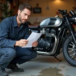 Mécanicien moto frustré comparant une pièce reçue incorrecte avec sa commande dans un garage encombré