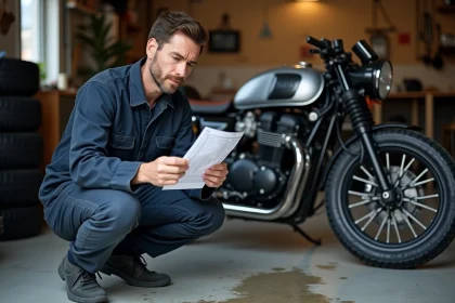 Mécanicien moto frustré comparant une pièce reçue incorrecte avec sa commande dans un garage encombré