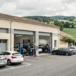 Vue d'ensemble d'un atelier de carrosserie automobile professionnel en Centre-Val de Loire avec des véhicules en réparation