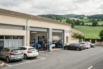 Vue d'ensemble d'un atelier de carrosserie automobile professionnel en Centre-Val de Loire avec des véhicules en réparation
