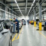 Vue panoramique d'un centre de contrôle technique dans le Nord avec des voitures en file sur les voies d'inspection et des techniciens en uniforme