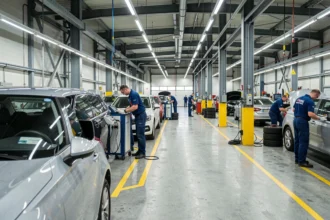 Vue panoramique d'un centre de contrôle technique dans le Nord avec des voitures en file sur les voies d'inspection et des techniciens en uniforme