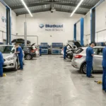 Vue panoramique d'un garage automobile professionnel dans les Hauts-de-Seine avec plusieurs mécaniciens au travail
