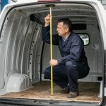 Technicien mesurant la hauteur intérieure d'un utilitaire Master L2H2 avec un mètre ruban jaune