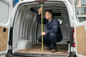 Technicien mesurant la hauteur intérieure d'un utilitaire Master L2H2 avec un mètre ruban jaune