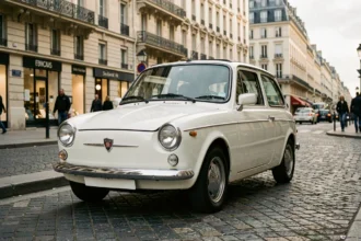 MINI Cooper diesel neuve blanche garée dans une rue parisienne pavée avec architecture haussmannienne en arrière-plan