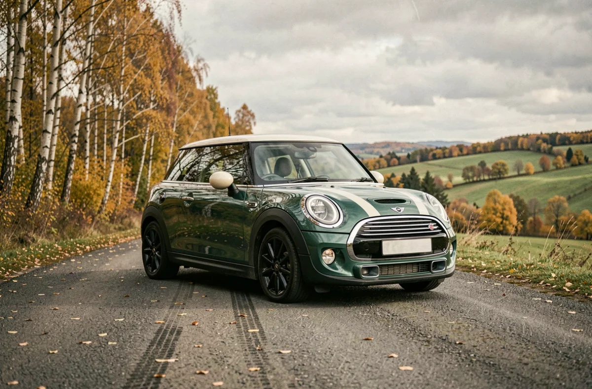 MINI Cooper diesel verte sur route de campagne en automne entourée de feuillage doré