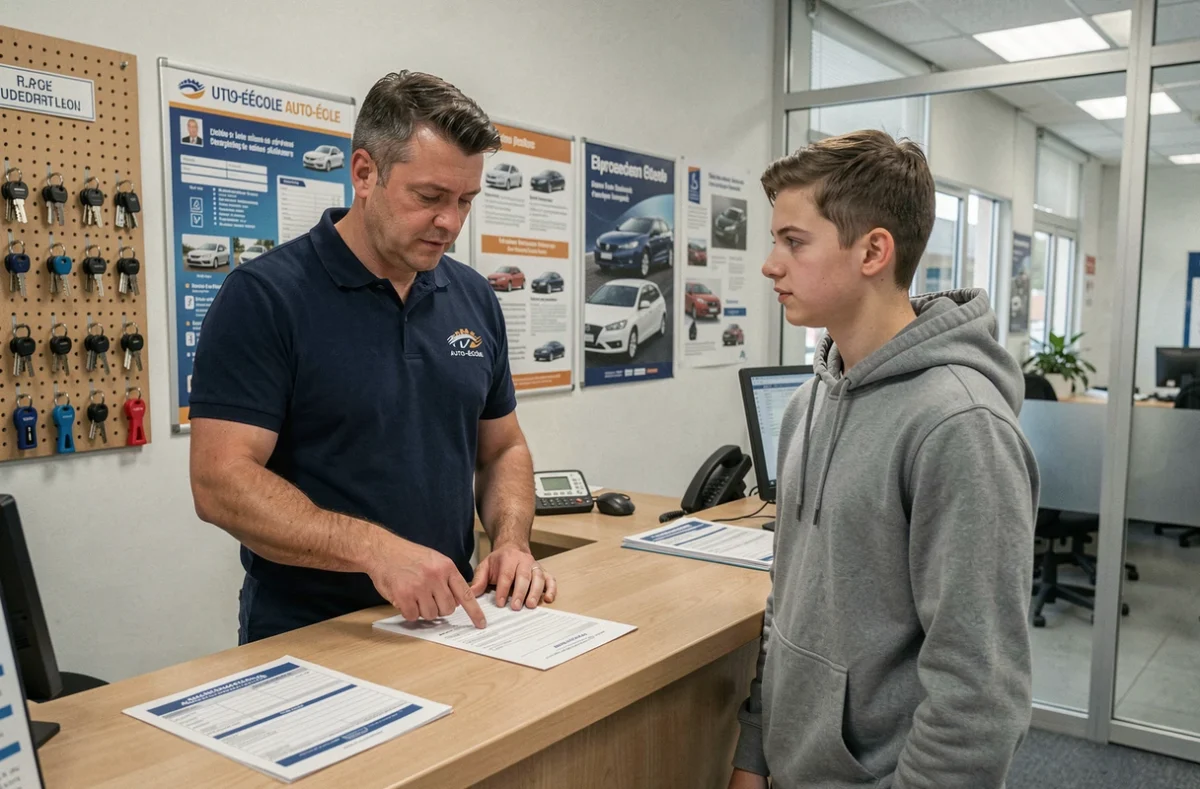 Moniteur d'auto-école expliquant les délais de résultats du permis de conduire à un élève au bureau