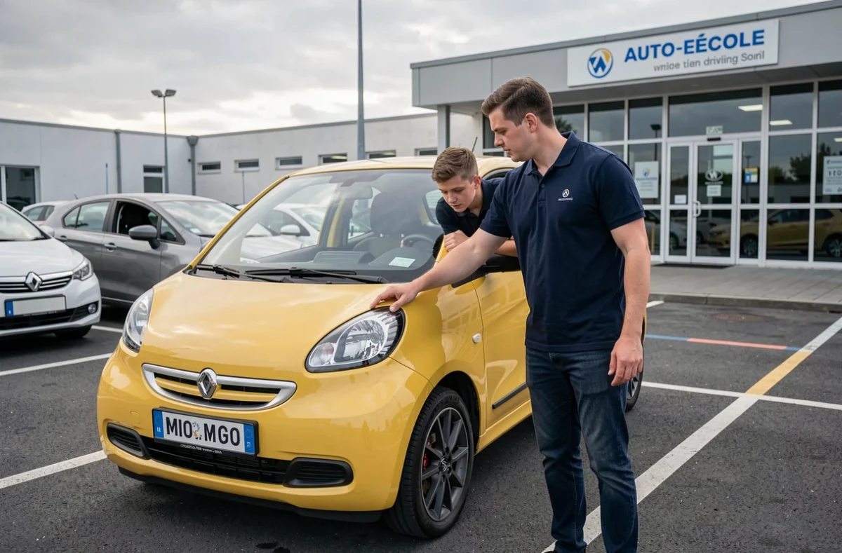 Un moniteur d'auto-école expliquant les commandes d'une voiture sans permis à un jeune élève dans un parking