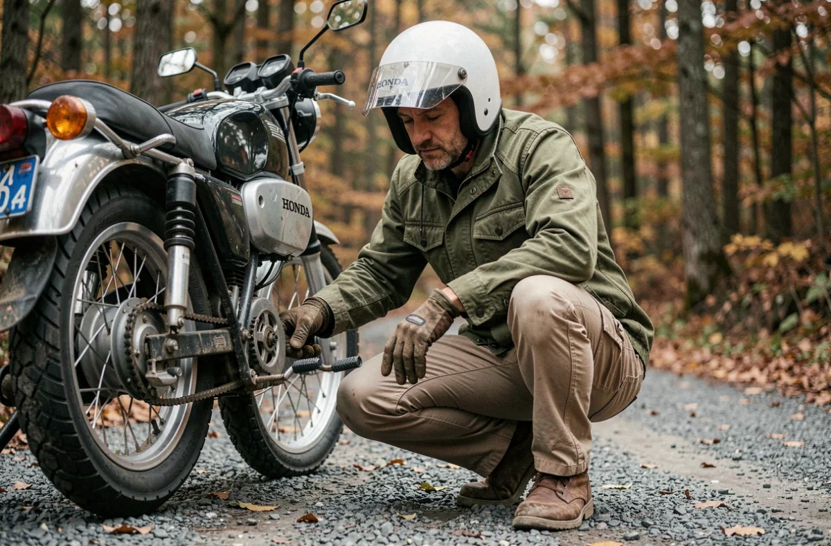 Motard inspectant la chaîne et le pignon de sa Honda XL 500 sur une piste forestière en automne