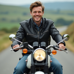 Jeune homme en moto vintage sur route de campagne