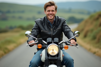 Jeune homme en moto vintage sur route de campagne