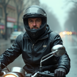 Motard en pluie sur une moto en ville sous pluie fine