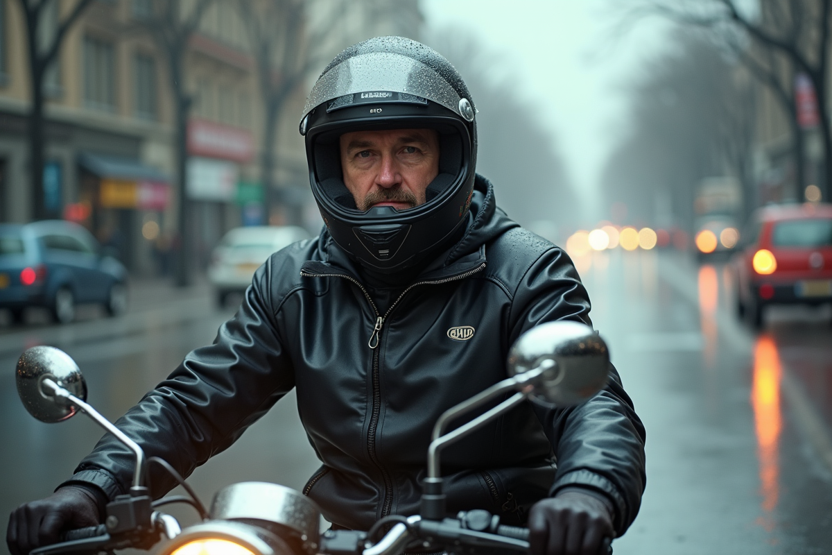Motard en pluie sur une moto en ville sous pluie fine