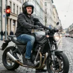Motard urbain utilisant un shifter moto aftermarket à un feu rouge en ville, vue 3/4 basse angle