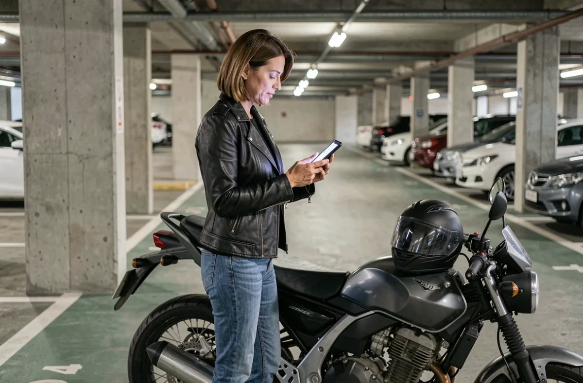 Femme motarde consultant une application de comparaison d'assurance moto en ville