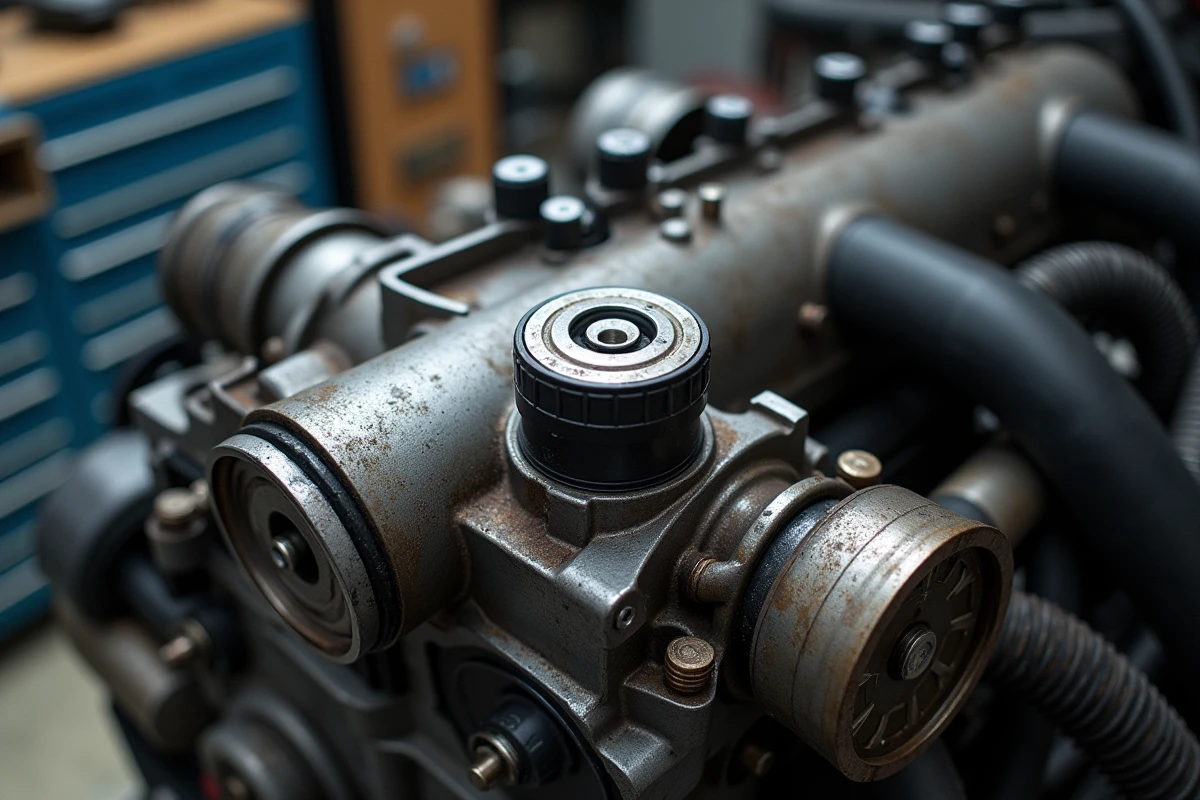 Moteur BMW B47 avec traces d'usure et dépôts de boue dus à un manque d'entretien