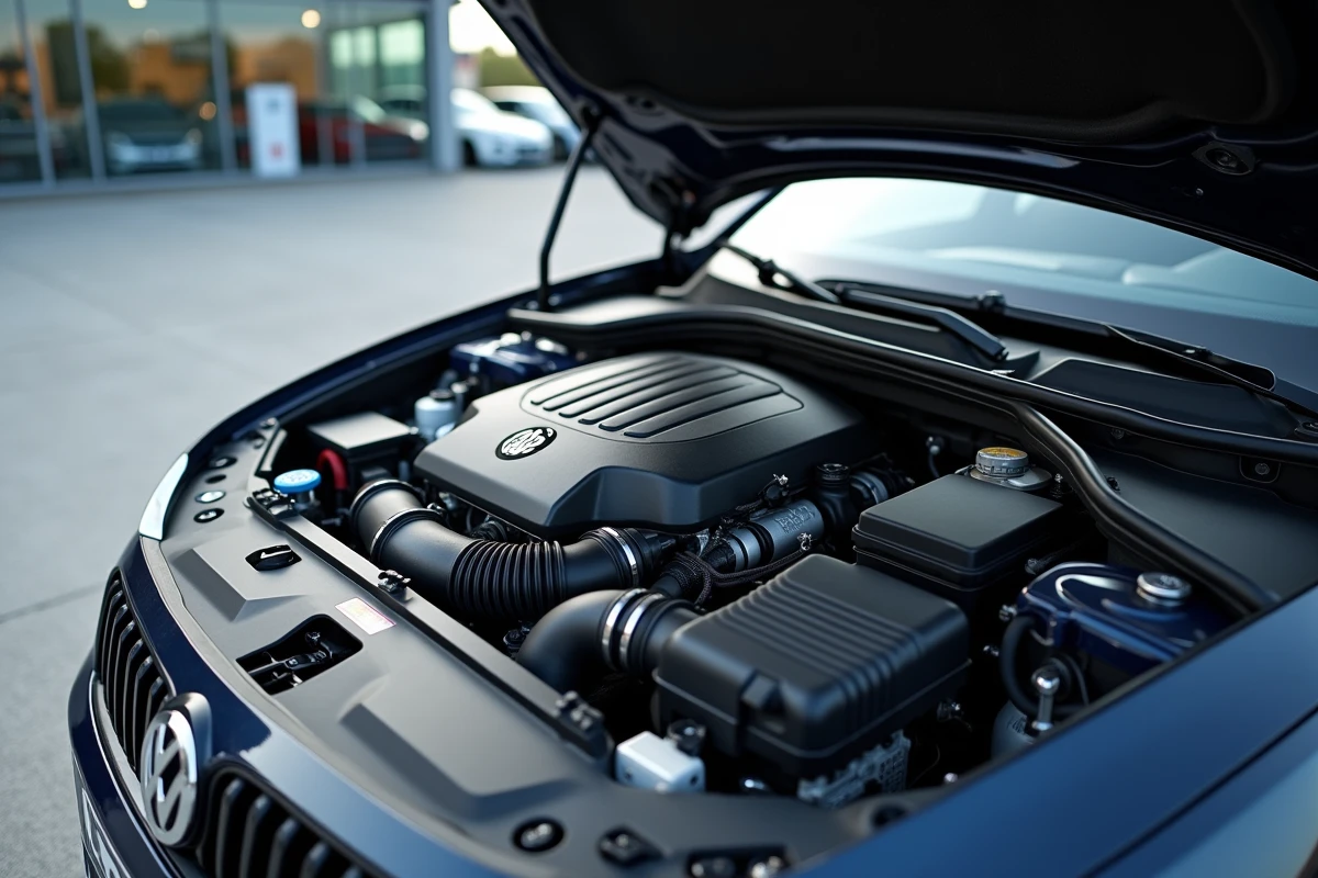 Moteur dCi diesel d'une berline vue de dessus dans un garage de concessionnaire automobile