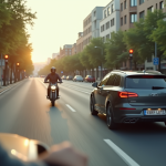 Motocycliste roulant prudemment en ville sur une route ensoleillee