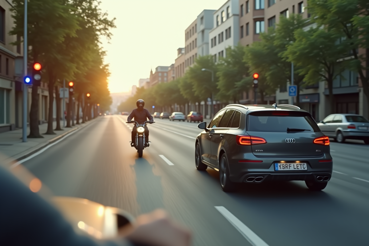 Motocycliste roulant prudemment en ville sur une route ensoleillee