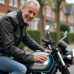 Homme souriant inspectant une moto Kawa KZ 400 vintage