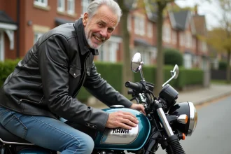 Homme souriant inspectant une moto Kawa KZ 400 vintage